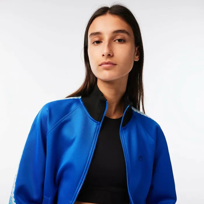 Sweaters and Sweatshirts Women Lacoste Womens Loose Fit Logo Stripe ZipUp Sweatshirt Blue Black Af6