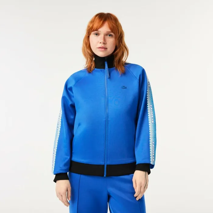 Sweaters and Sweatshirts Women Lacoste Womens Loose Fit Logo Stripe ZipUp Sweatshirt Blue Black Af6