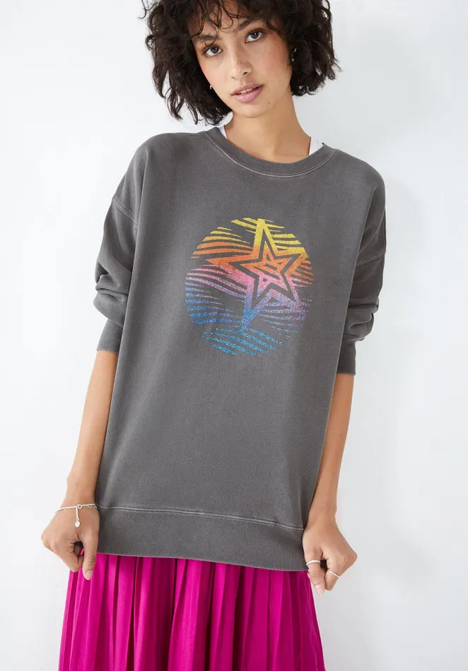 Sweatshirts and Hoodies Women Hush Rainbow Star Relaxed Sweatshirt Washed Grey