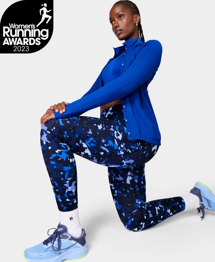 Sweaty Betty Zero Gravity Running Leggings Blue Camo Terrain Print Women Pocketed
