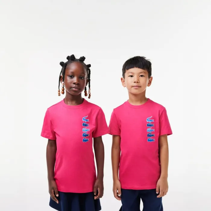 TShirts and Tops Kids Lacoste Kids039 Signature Print Cotton TShirt Fushia Pink Sqi