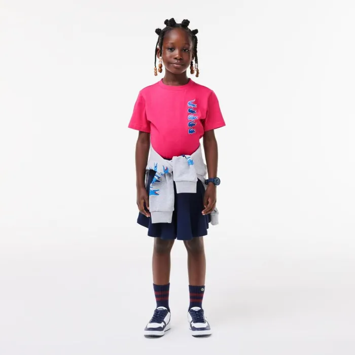 TShirts and Tops Kids Lacoste Kids039 Signature Print Cotton TShirt Fushia Pink Sqi