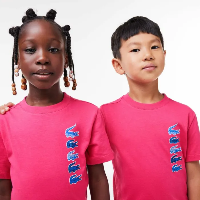 TShirts and Tops Kids Lacoste Kids039 Signature Print Cotton TShirt Fushia Pink Sqi