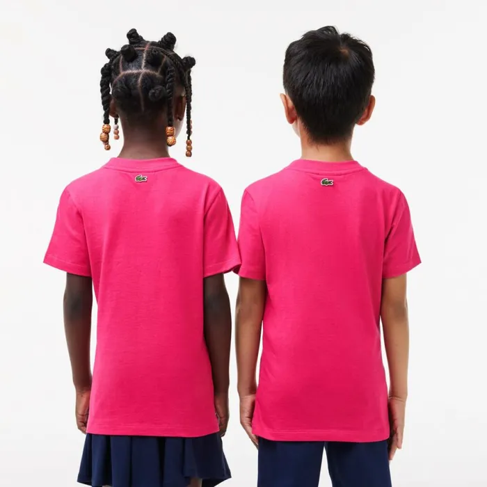 TShirts and Tops Kids Lacoste Kids039 Signature Print Cotton TShirt Fushia Pink Sqi