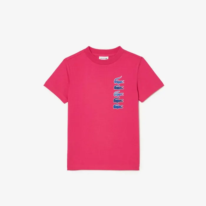 TShirts and Tops Kids Lacoste Kids039 Signature Print Cotton TShirt Fushia Pink Sqi