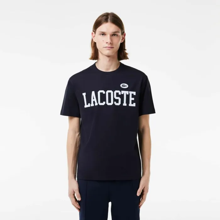 TShirts Men Lacoste Men039s Cotton Contrast Print and Badge TShirt Abysm Blue Hde