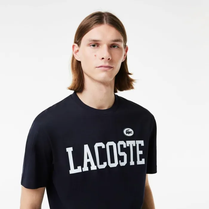 TShirts Men Lacoste Men039s Cotton Contrast Print and Badge TShirt Abysm Blue Hde