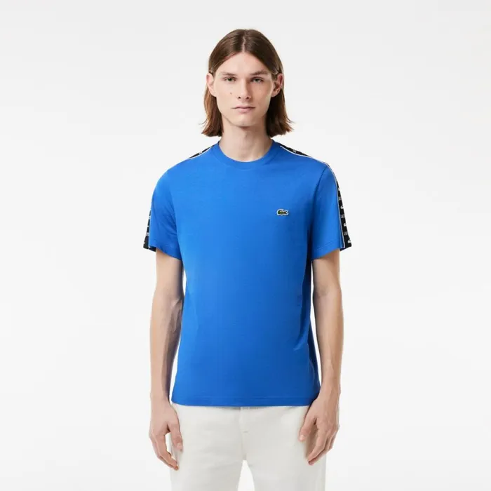 TShirts Men Lacoste Men039s Cotton Jersey Logo Stripe TShirt Ladigue Blue Ixw