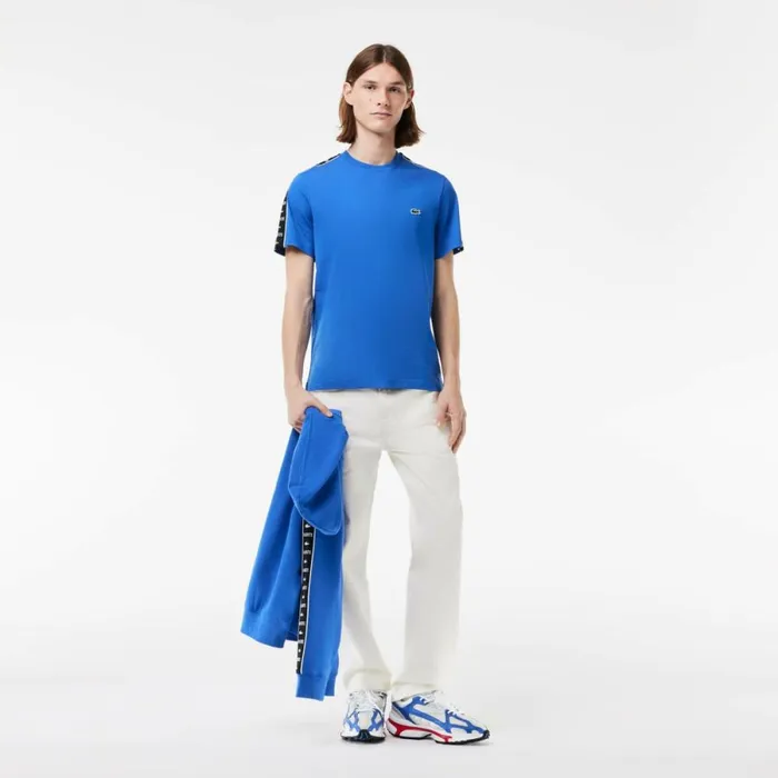 TShirts Men Lacoste Men039s Cotton Jersey Logo Stripe TShirt Ladigue Blue Ixw