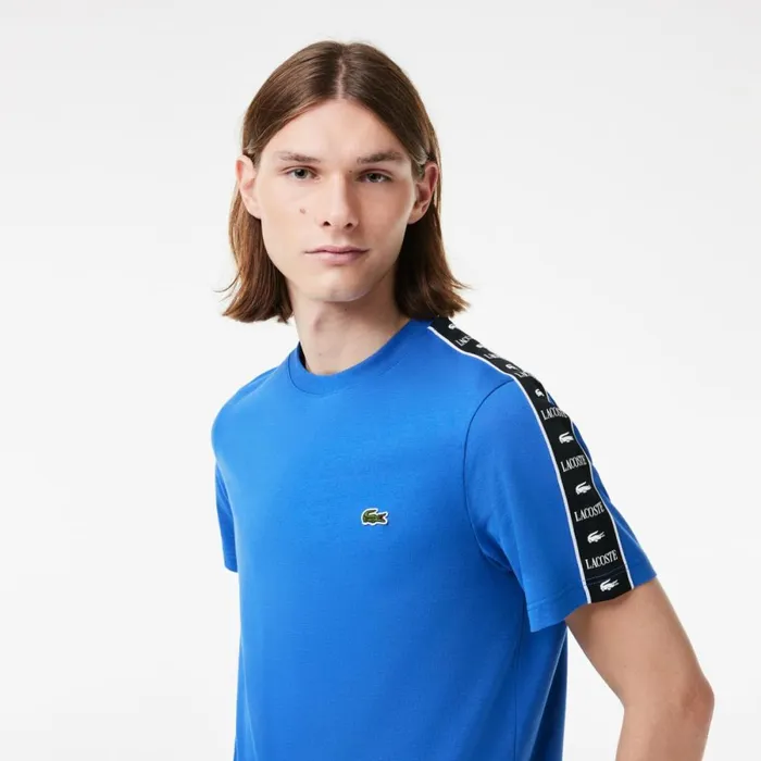 TShirts Men Lacoste Men039s Cotton Jersey Logo Stripe TShirt Ladigue Blue Ixw