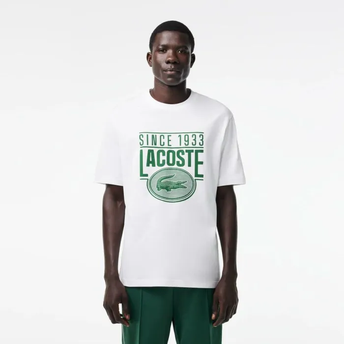 TShirts Men Lacoste Men039s Loose Fit Cotton Jersey Print TShirt White 001