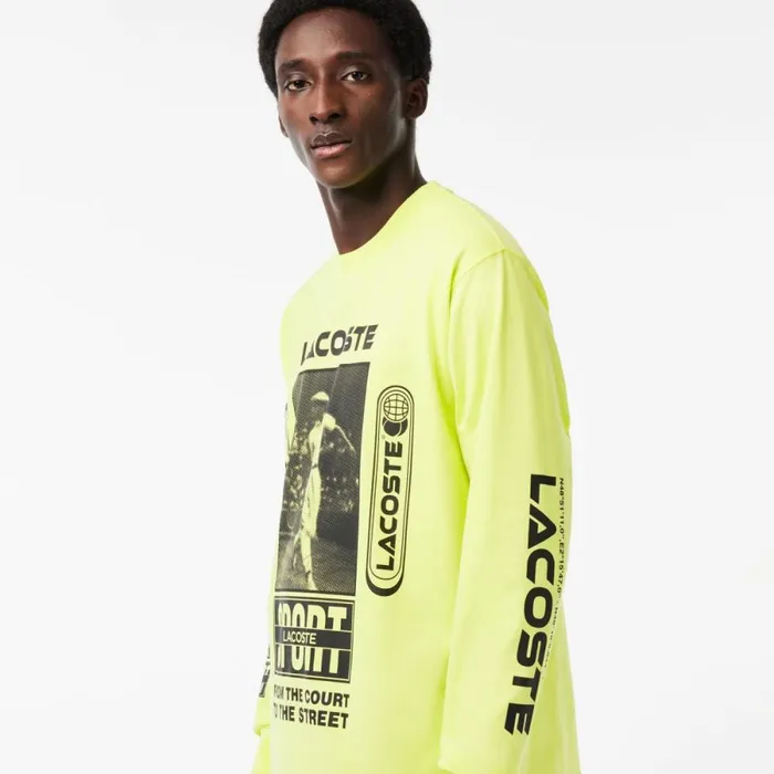 TShirts Men Lacoste Men039s Loose Fit Ren Lacoste Print TShirt Navy Blue Yellow Orange White Wta
