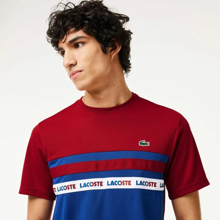 TShirts Men Lacoste Men039s UltraDry Logo Stripe Piqu Tennis TShirt Navy Blue Bordeaux Is4