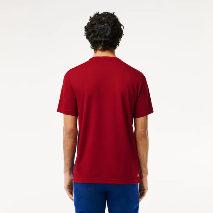 TShirts Men Lacoste Men039s UltraDry Logo Stripe Piqu Tennis TShirt Navy Blue Bordeaux Is4
