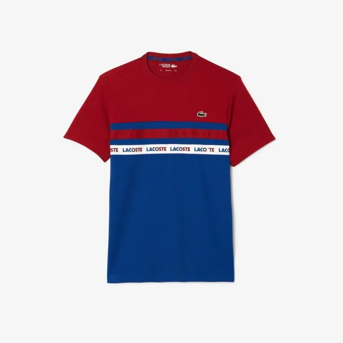TShirts Men Lacoste Men039s UltraDry Logo Stripe Piqu Tennis TShirt Navy Blue Bordeaux Is4