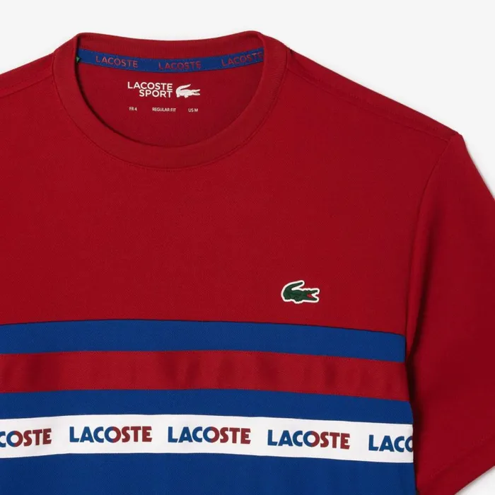 TShirts Men Lacoste Men039s UltraDry Logo Stripe Piqu Tennis TShirt Navy Blue Bordeaux Is4