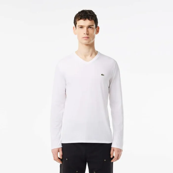 TShirts Men Lacoste Men039s VNeck Lightweight Pima Cotton Jersey TShirt White 001
