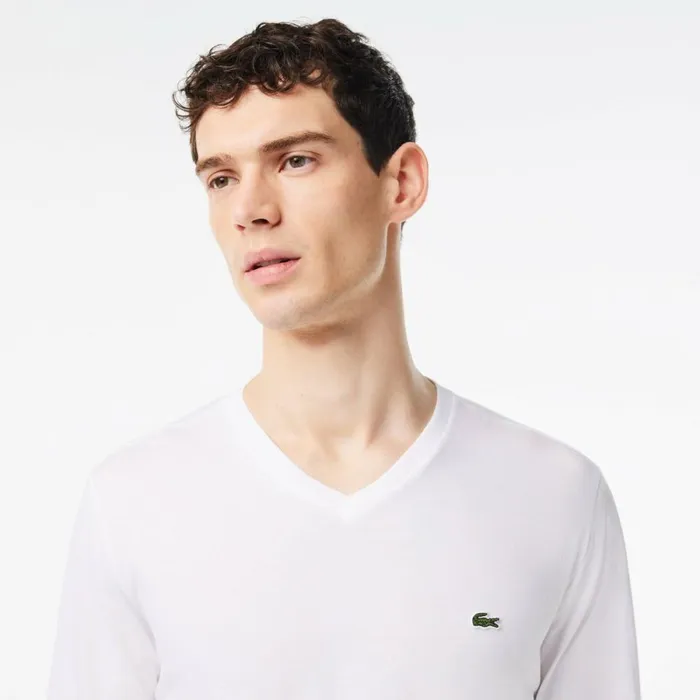 TShirts Men Lacoste Men039s VNeck Lightweight Pima Cotton Jersey TShirt White 001