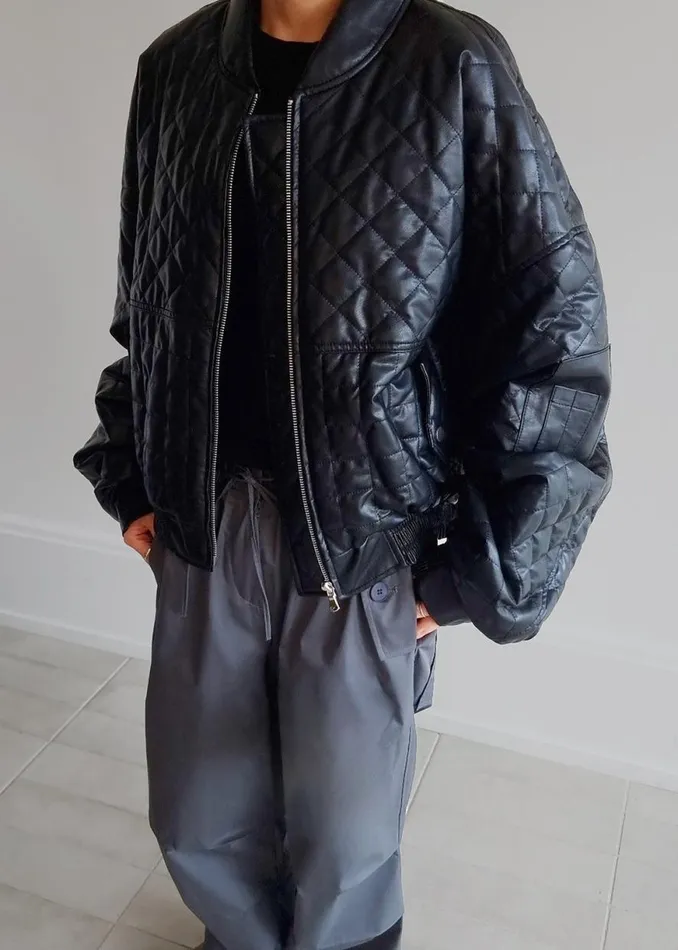The Frankie Shop Alma Quilted FauxLeather Bomber 8211 Black Shop Outerwear