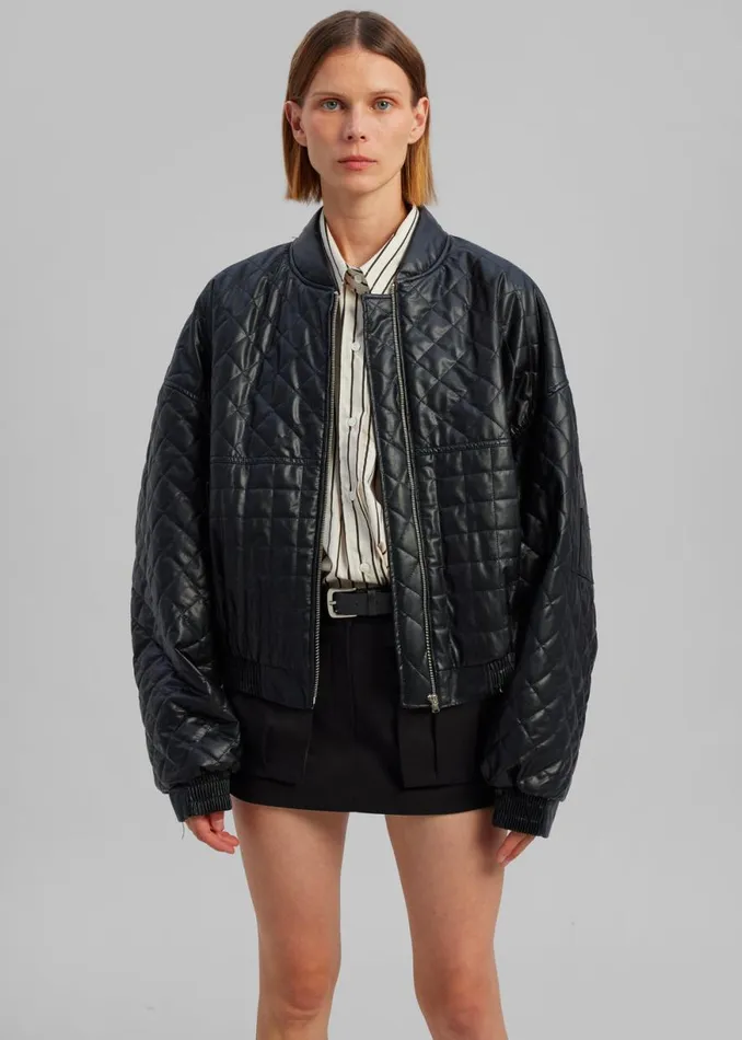 The Frankie Shop Alma Quilted FauxLeather Bomber 8211 Black Shop Outerwear