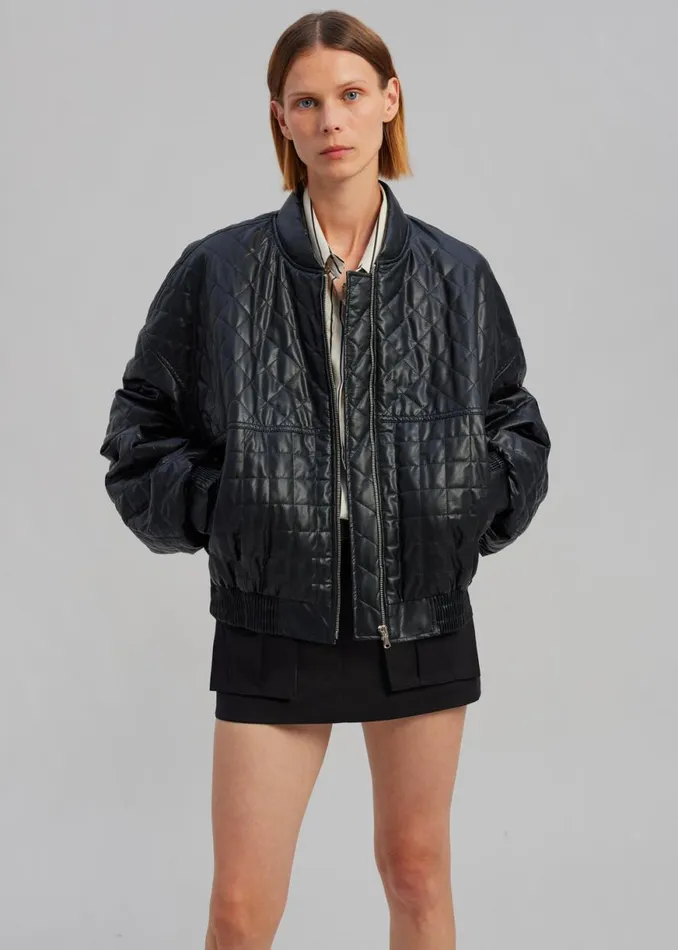 The Frankie Shop Alma Quilted FauxLeather Bomber 8211 Black Shop Outerwear