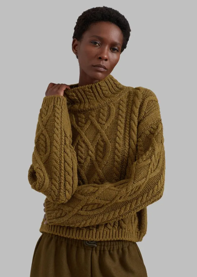The Frankie Shop Devi CableKnit Mock Neck Sweater 8211 Khaki Brown Shop Knitwear