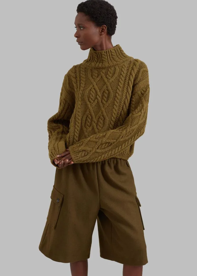 The Frankie Shop Devi CableKnit Mock Neck Sweater 8211 Khaki Brown Shop Knitwear