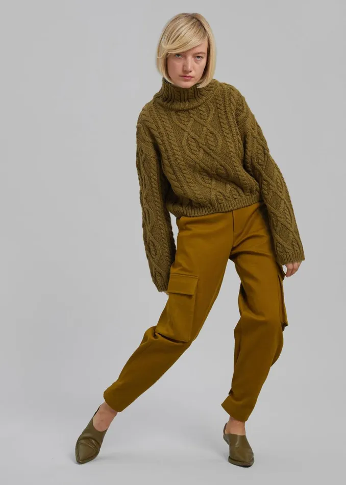 The Frankie Shop Devi CableKnit Mock Neck Sweater 8211 Khaki Brown Shop Knitwear