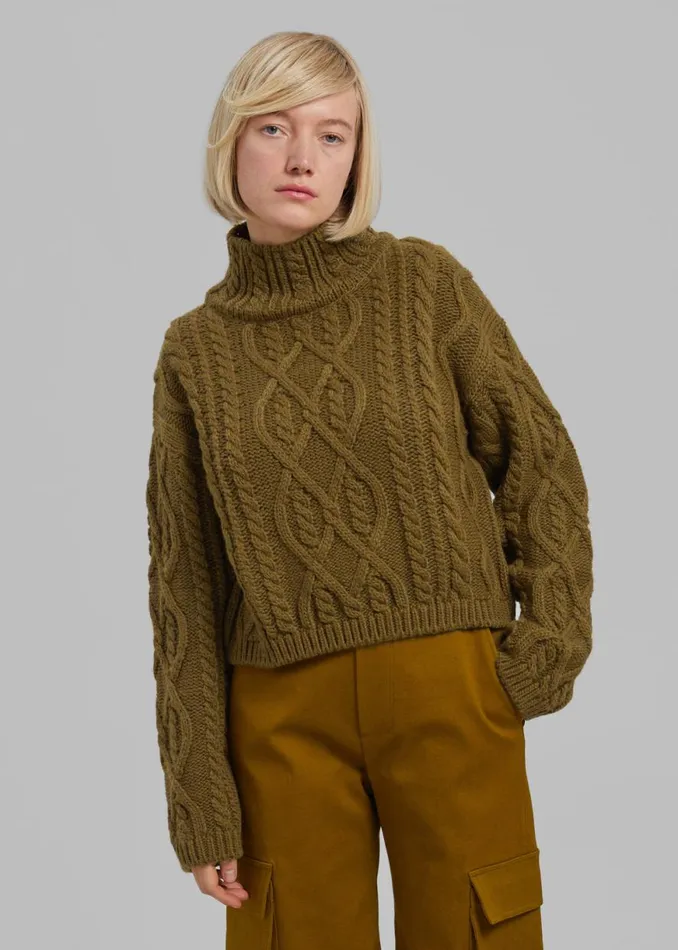 The Frankie Shop Devi CableKnit Mock Neck Sweater 8211 Khaki Brown Shop Knitwear