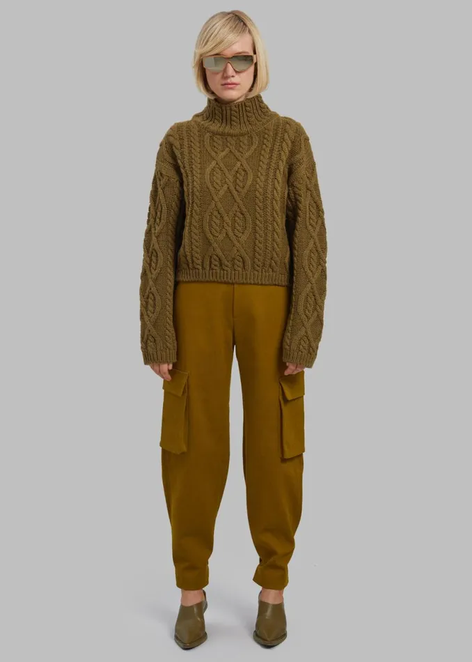 The Frankie Shop Devi CableKnit Mock Neck Sweater 8211 Khaki Brown Shop Knitwear