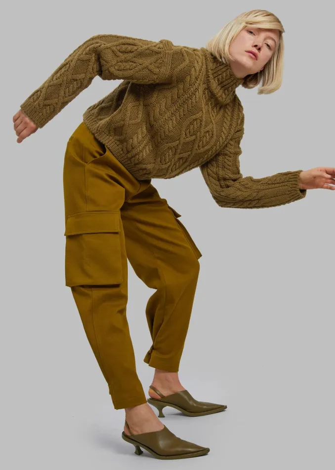 The Frankie Shop Devi CableKnit Mock Neck Sweater 8211 Khaki Brown Shop Knitwear