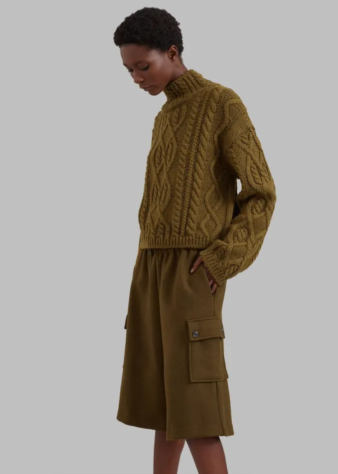 The Frankie Shop Devi CableKnit Mock Neck Sweater 8211 Khaki Brown Shop Knitwear