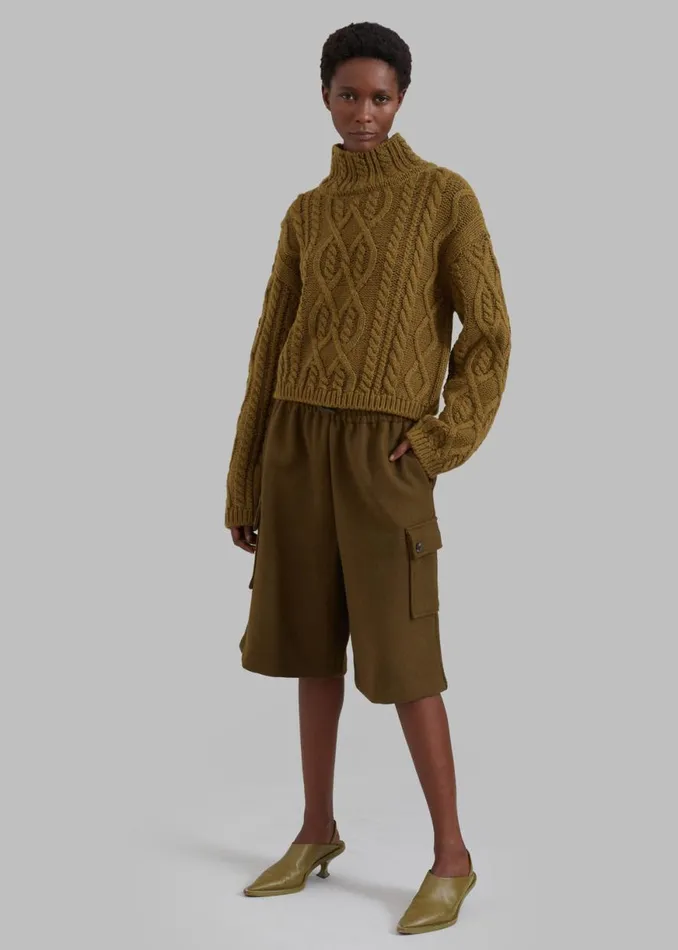 The Frankie Shop Devi CableKnit Mock Neck Sweater 8211 Khaki Brown Shop Knitwear
