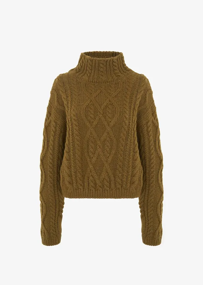 The Frankie Shop Devi CableKnit Mock Neck Sweater 8211 Khaki Brown Shop Knitwear