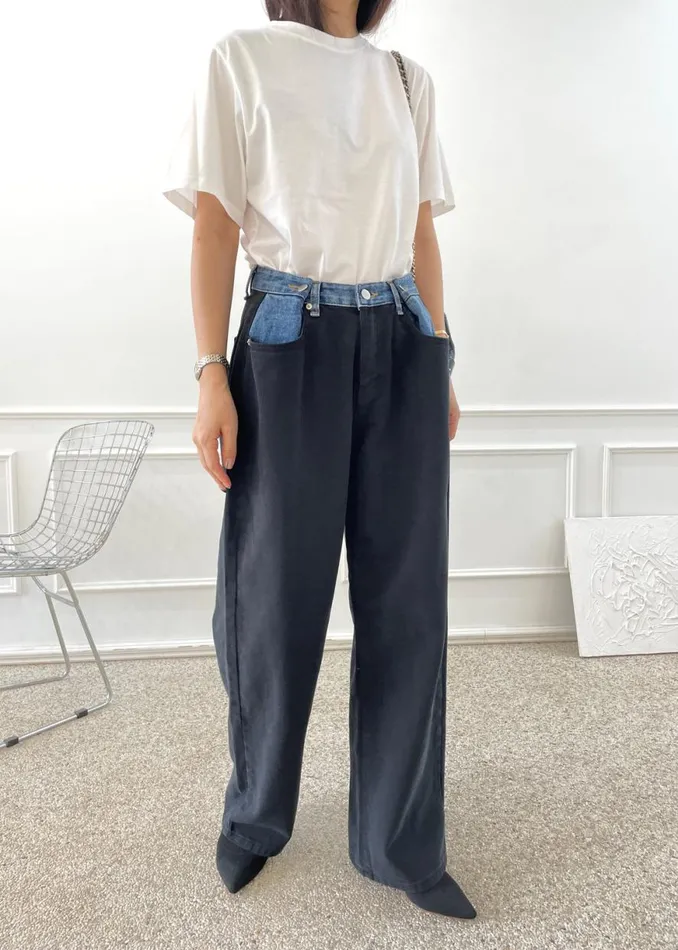 The Frankie Shop Hayla Contrast Denim Pants 8211 BlackBlue Shop Clothing