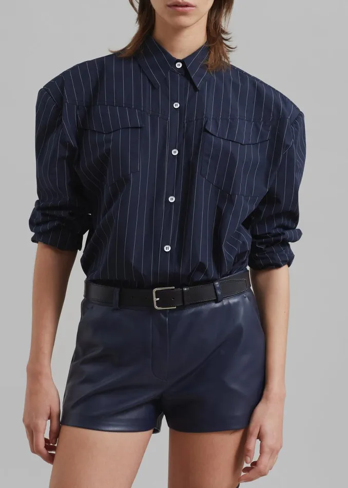 The Frankie Shop Jeanne Padded Shirt 8211 NavyWhite Stripe Shop Tops