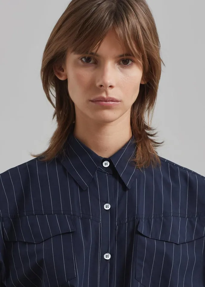 The Frankie Shop Jeanne Padded Shirt 8211 NavyWhite Stripe Shop Tops