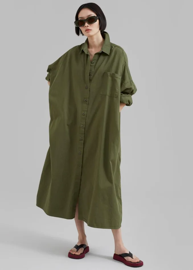 The Frankie Shop Kason Oversized Shirt Dress 8211 Dark Olive Shop Dresses