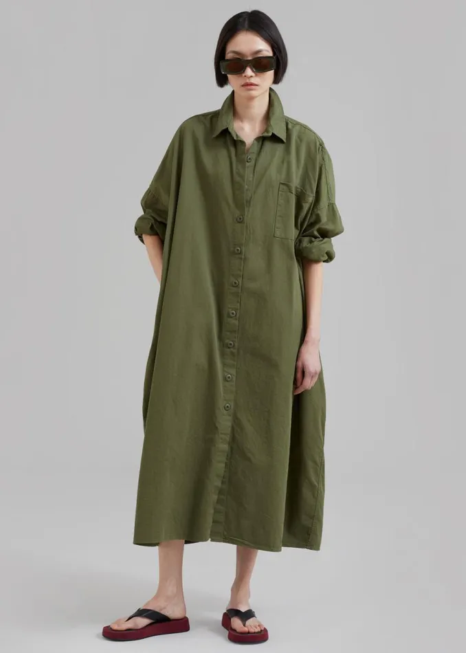 The Frankie Shop Kason Oversized Shirt Dress 8211 Dark Olive Shop Dresses