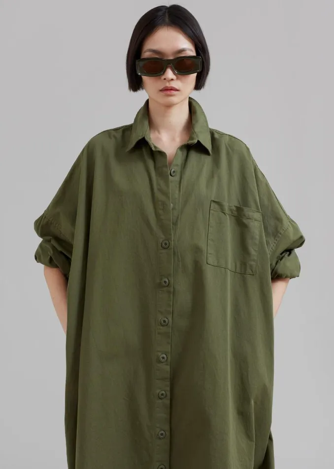 The Frankie Shop Kason Oversized Shirt Dress 8211 Dark Olive Shop Dresses