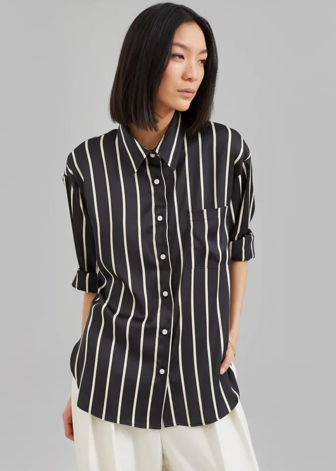 The Frankie Shop Lui Satin Shirt 8211 Beige Stripe Shop Tops