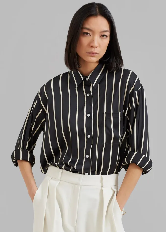 The Frankie Shop Lui Satin Shirt 8211 Beige Stripe Shop Tops