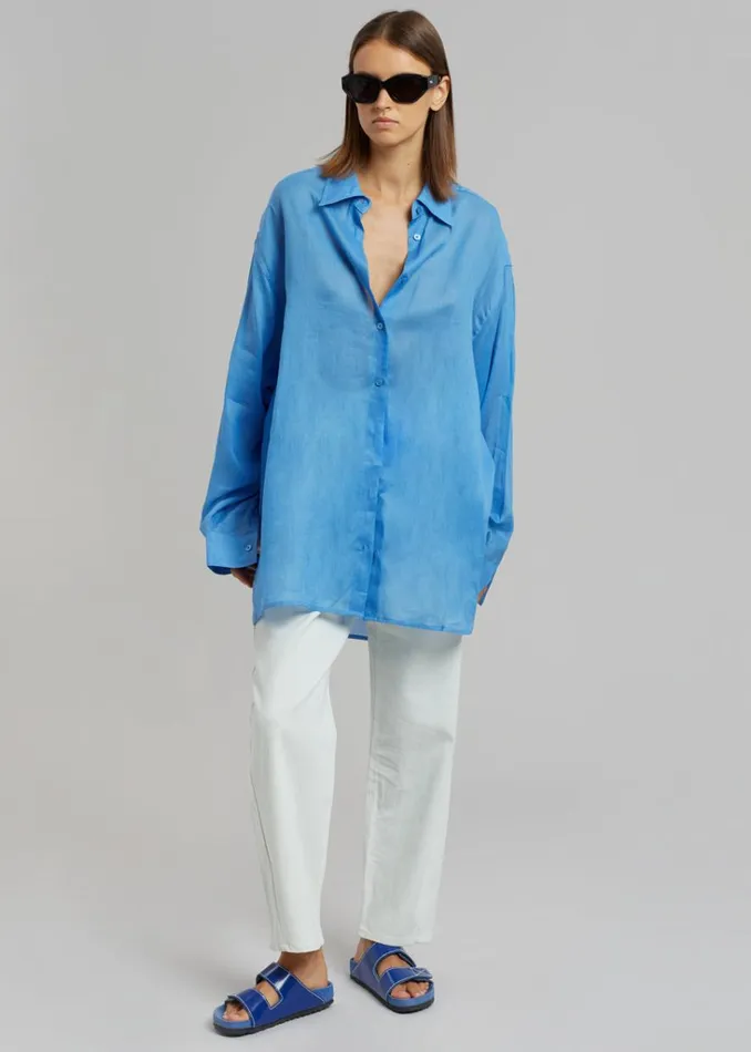 The Frankie Shop Marlow Oversized Linen Shirt 8211 Blue Shop Tops