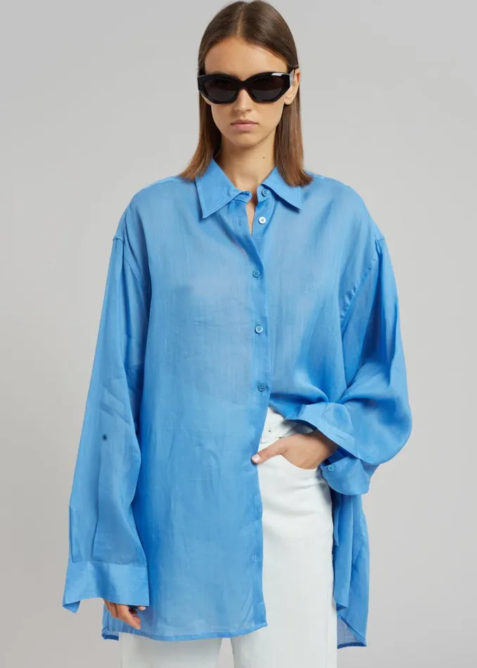 The Frankie Shop Marlow Oversized Linen Shirt 8211 Blue Shop Tops