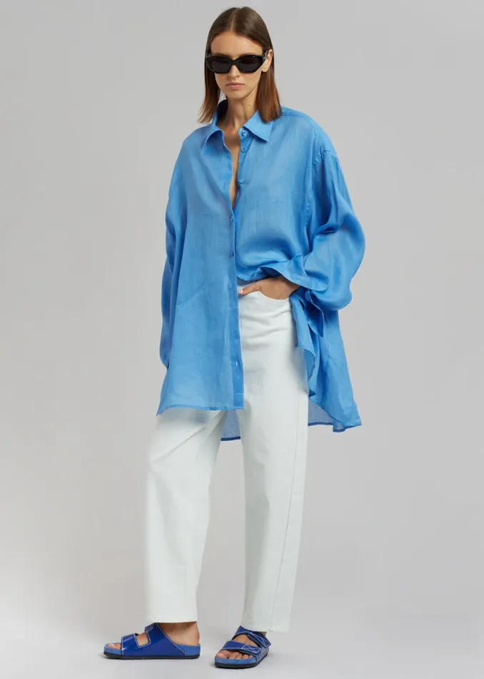 The Frankie Shop Marlow Oversized Linen Shirt 8211 Blue Shop Tops