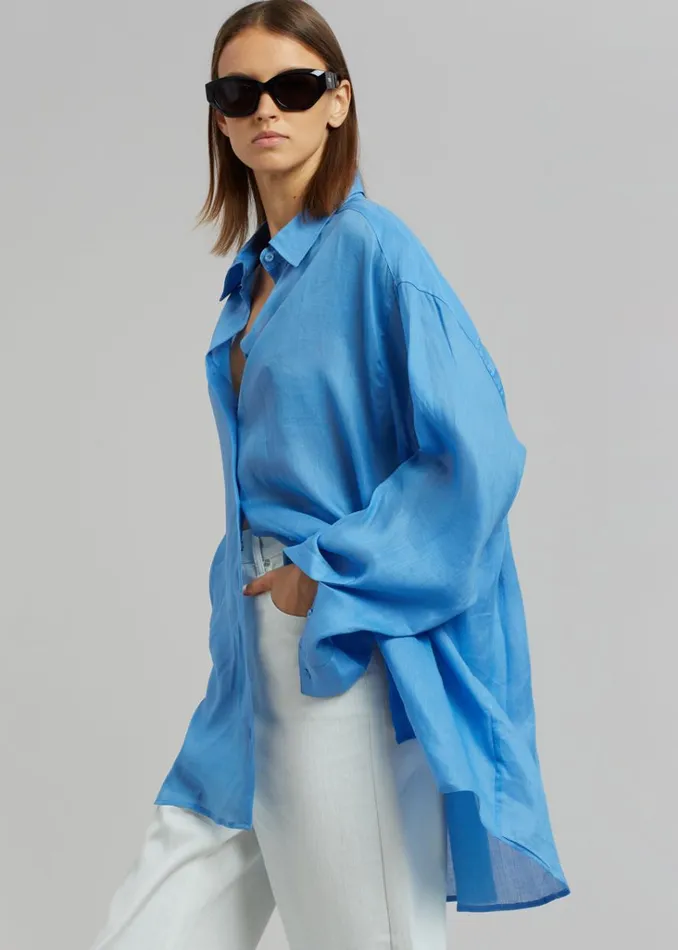 The Frankie Shop Marlow Oversized Linen Shirt 8211 Blue Shop Tops