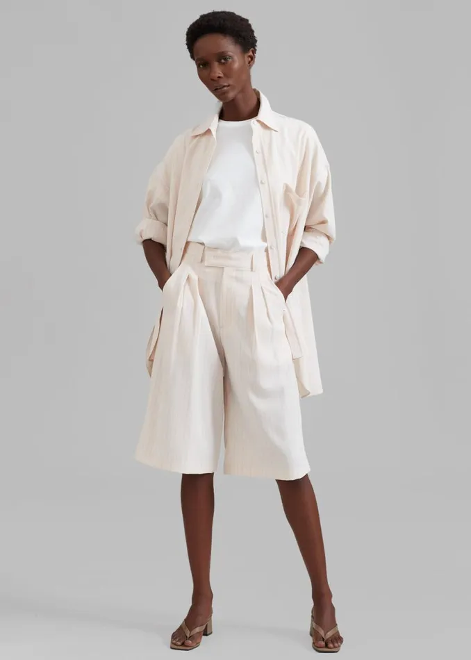The Frankie Shop Vivian Fluid Pleated Bermuda Shorts 8211 Beige Pinstripe Shop Bottoms