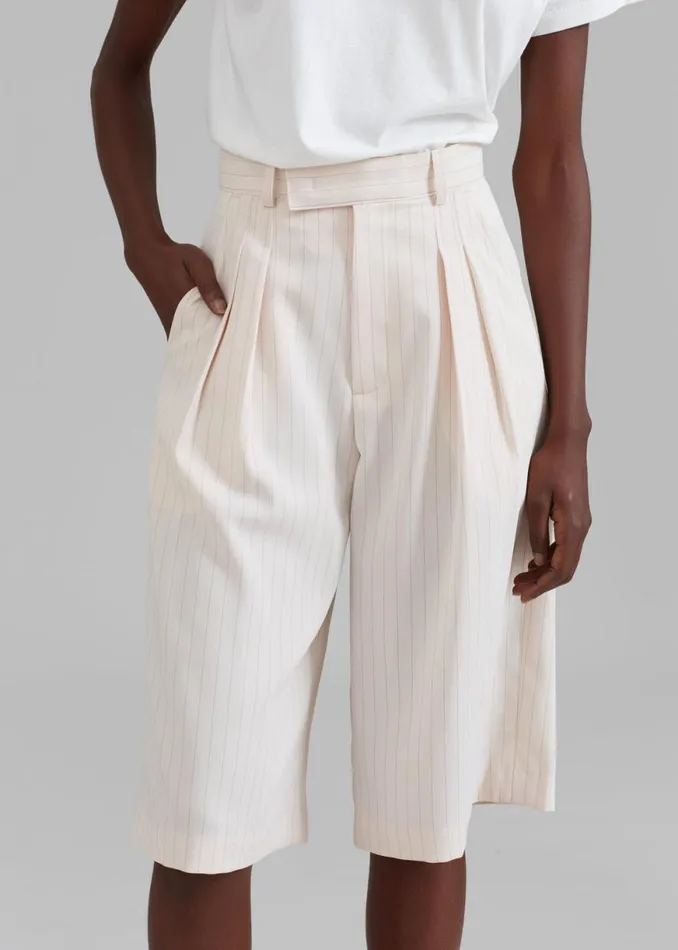 The Frankie Shop Vivian Fluid Pleated Bermuda Shorts 8211 Beige Pinstripe Shop Bottoms