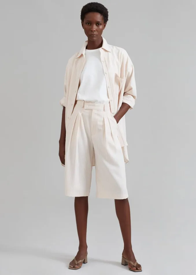 The Frankie Shop Vivian Fluid Pleated Bermuda Shorts 8211 Beige Pinstripe Shop Bottoms