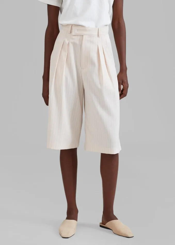The Frankie Shop Vivian Fluid Pleated Bermuda Shorts 8211 Beige Pinstripe Shop Bottoms